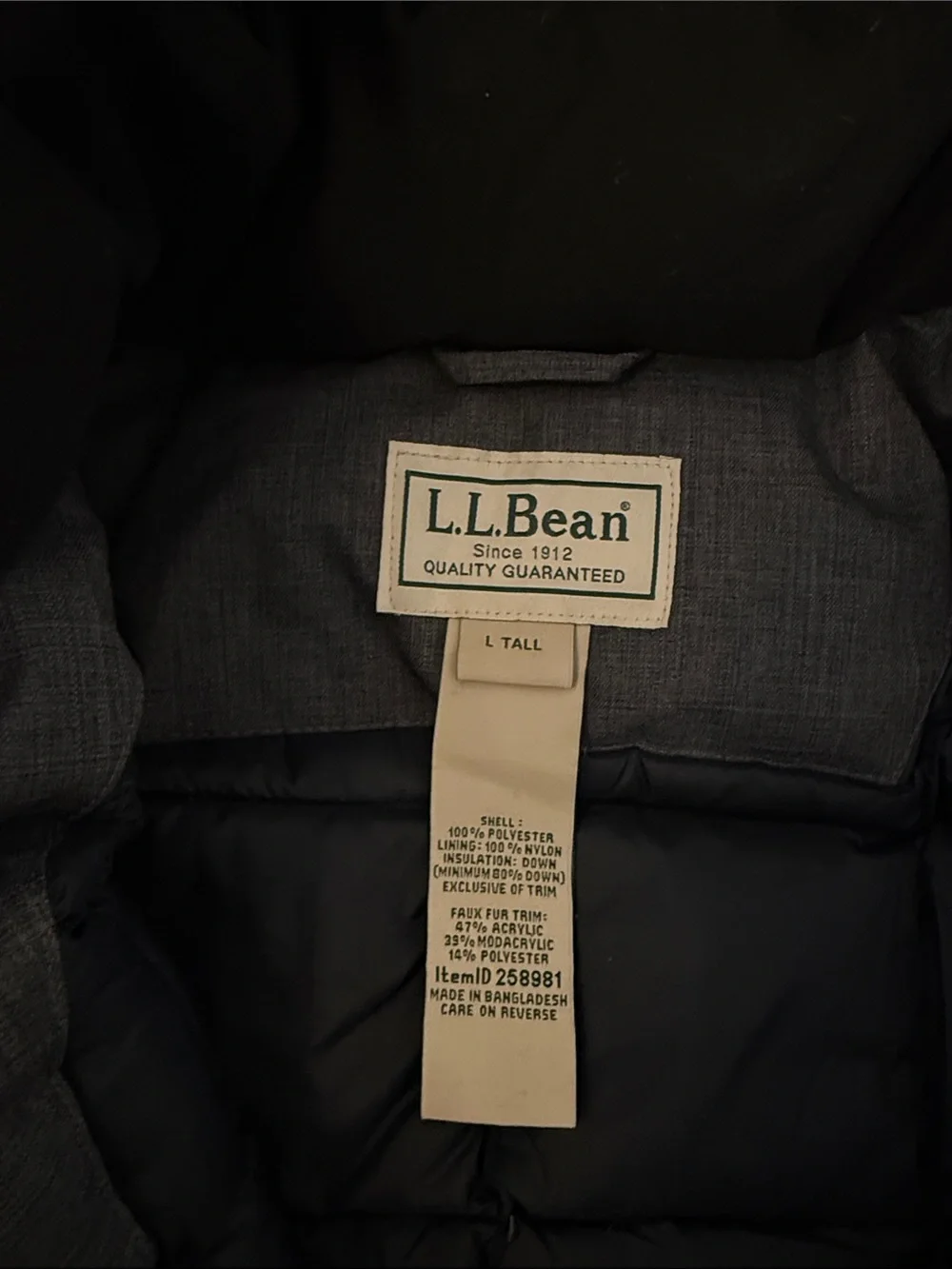 LLBean Mens Baxter State Parka Iron Gray Large Tall Down Jacket